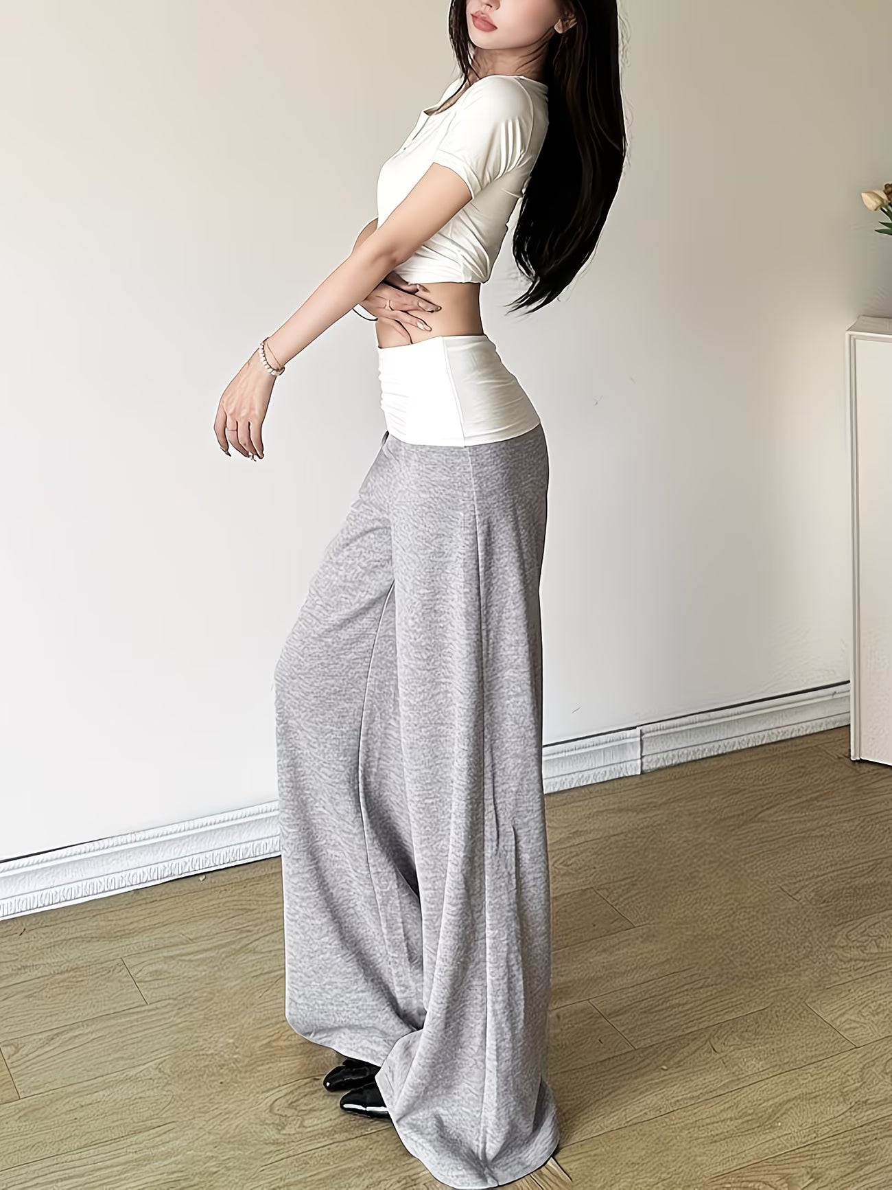 Solid Color Casual Pants, White And Gray Stitching, Fashionable Loose Women'S Trousers