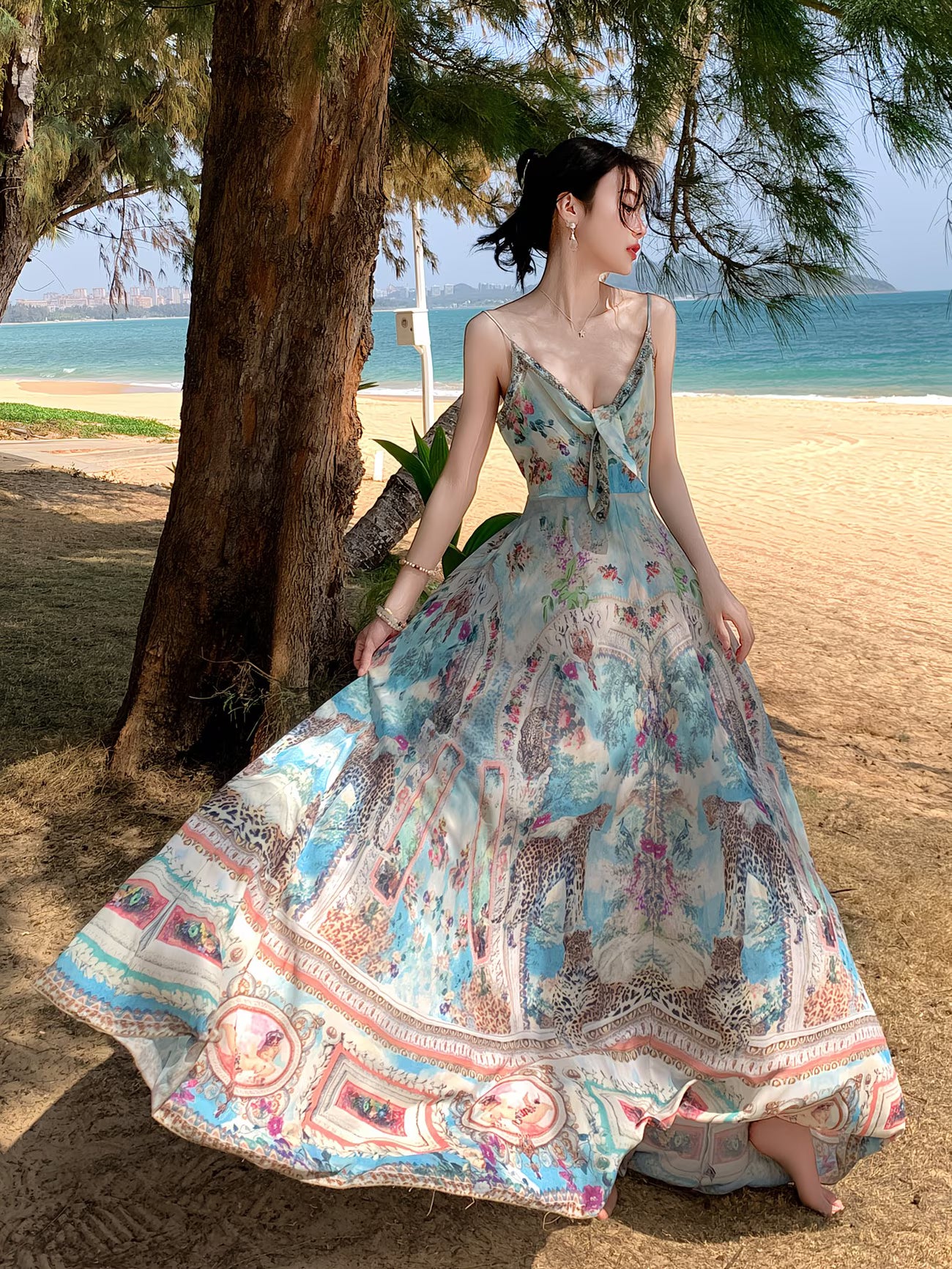 Women'S V-Neck Cami Dress, A-Line Vacation Style Women'S Dress, Placement Print Chest Hot Drill Decor Craft Beachwear Skirt