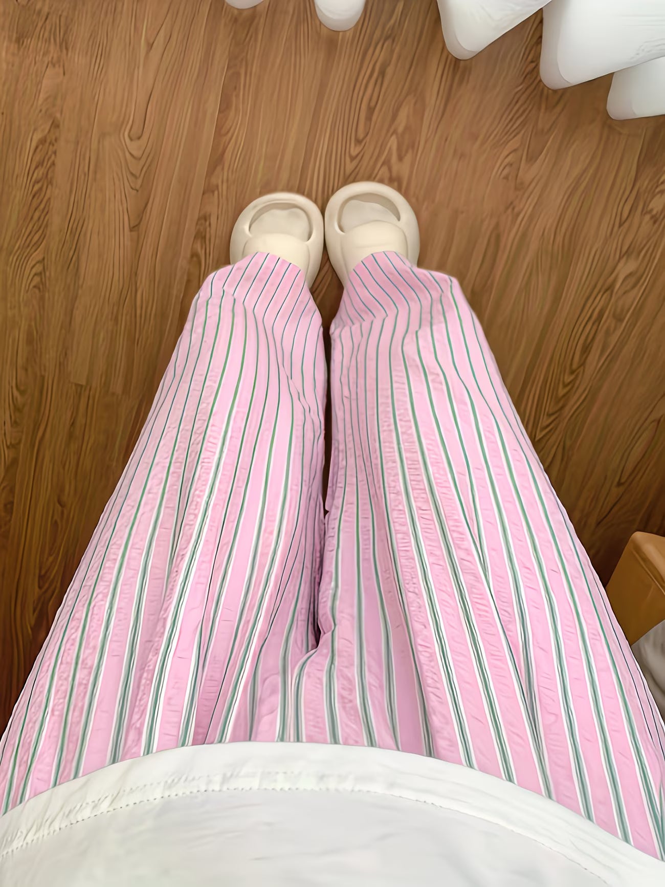 Pink And Green Striped Trousers - Casual And Relaxed Fit, Elastic Waistband, Elegant And Versatile, Machine Washable