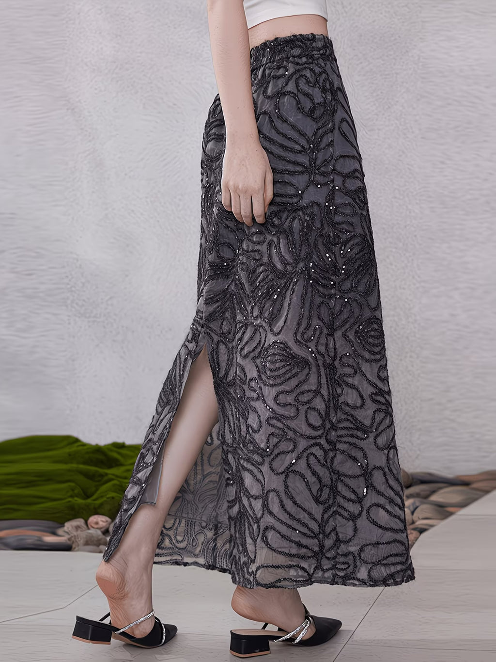 100% Mulberry Skirt with Hollow Botanical Houndstooth Suitable for Hollow Pattern - Elastic Waist -Line Slit Skirt, Loose Fit Semi-Sheer Length for Spring