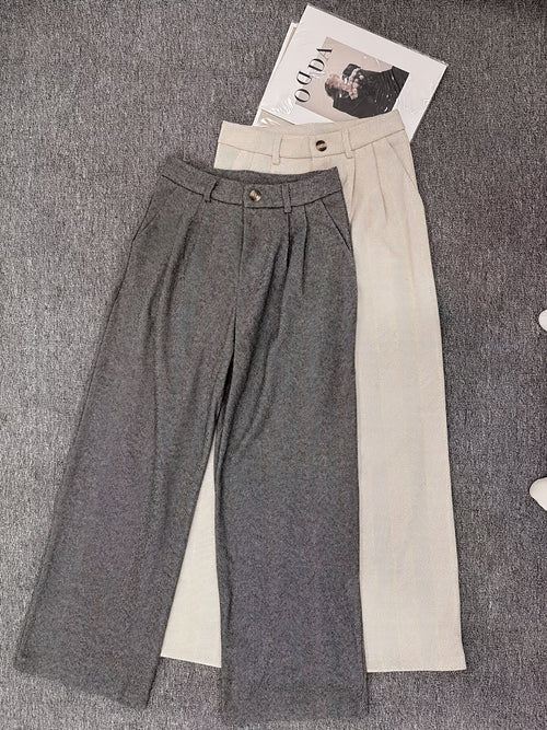 2pcs Women's High-Waisted Wide-Leg Trousers - Beltless Thickened Textured Pants Suitable for Office & Casual Wear, -Free with Holes (No Included), Gray & Apricot