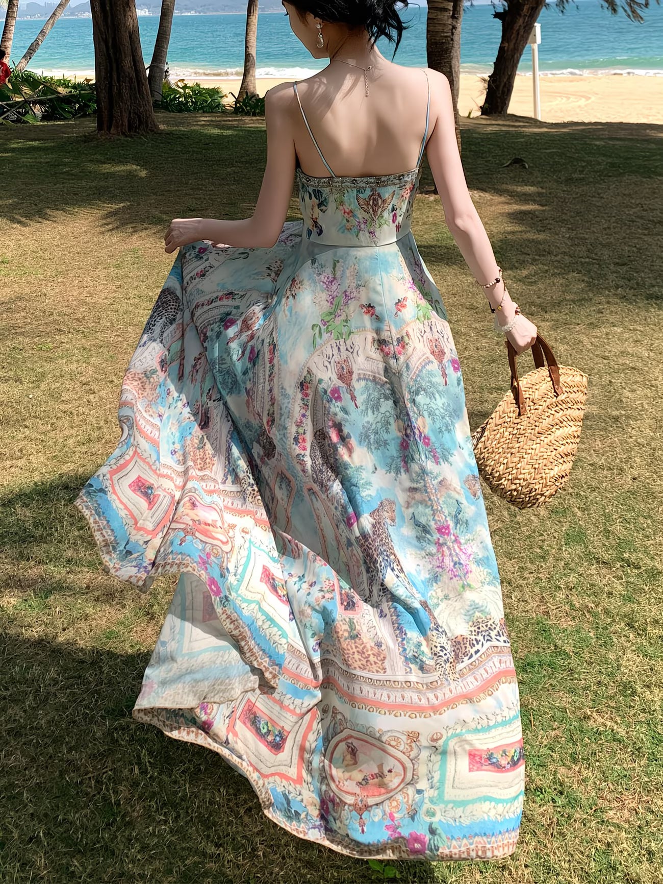 Women'S V-Neck Cami Dress, A-Line Vacation Style Women'S Dress, Placement Print Chest Hot Drill Decor Craft Beachwear Skirt