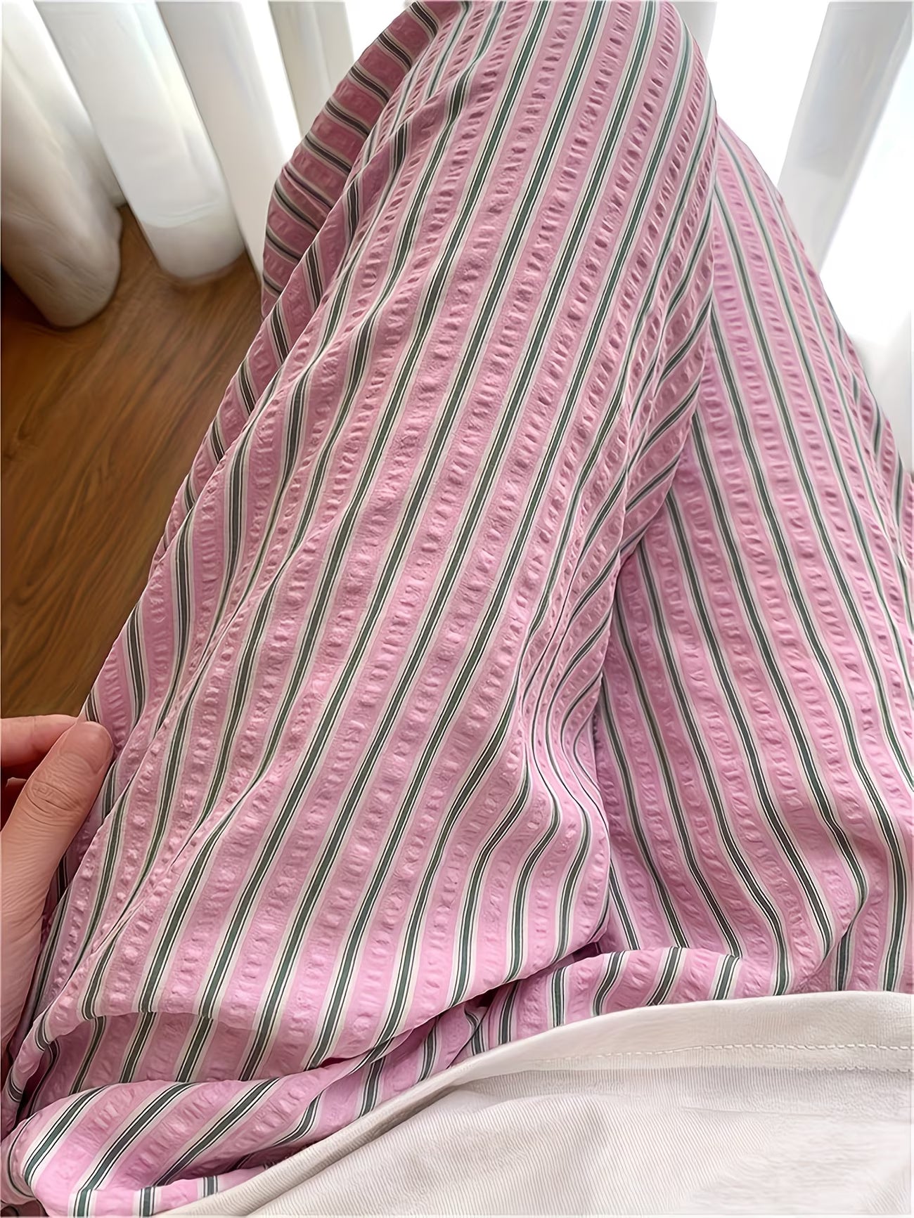 Pink And Green Striped Trousers - Casual And Relaxed Fit, Elastic Waistband, Elegant And Versatile, Machine Washable