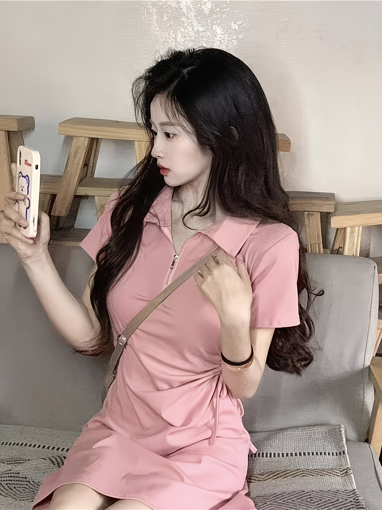 Like Summer Irregular Waist Temperament Short Skirt Drawstring Polo Collar Casual A-Line Dress