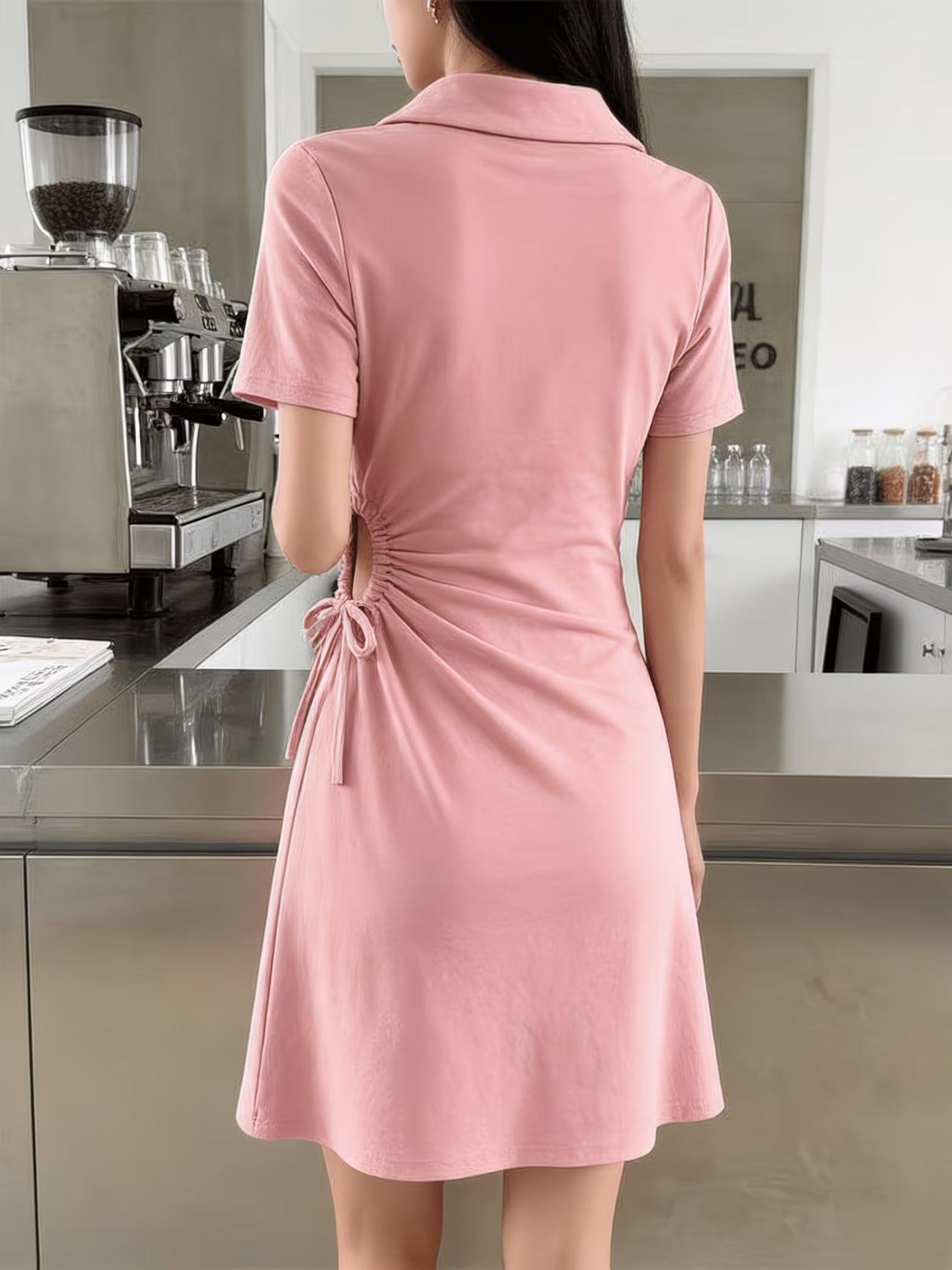 Like Summer Irregular Waist Temperament Short Skirt Drawstring Polo Collar Casual A-Line Dress