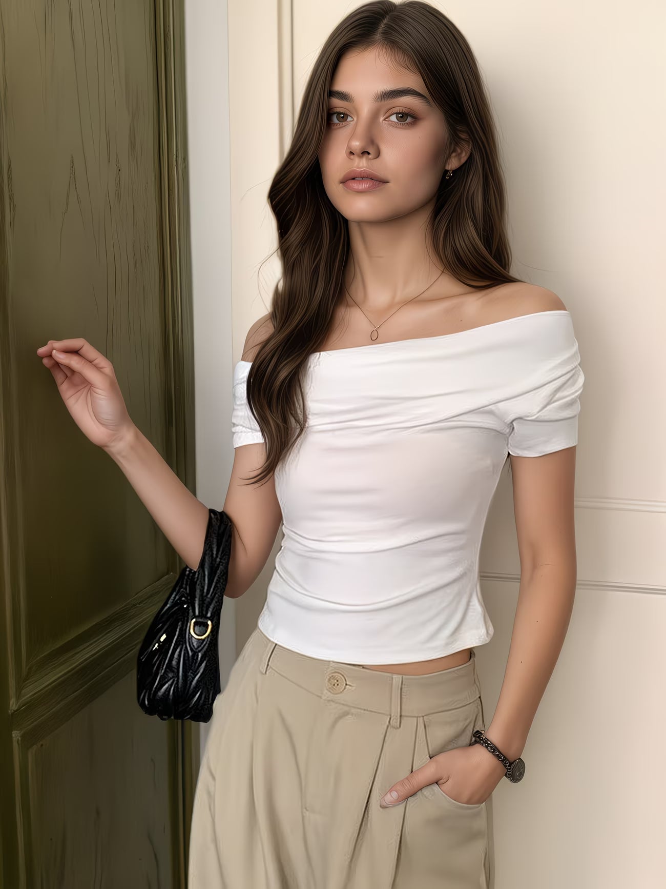 Women's Slim-Fit One-Shoulder Short-Sleeve T-Shirt Top, Stretchy Blouse with Off-Shoulder and Navel Exposure, Flexible Adjustable Design, Comfortable Base Layer, Machine Washable and Hand Washable, Simple and Fashionable, Elegant Casual Style