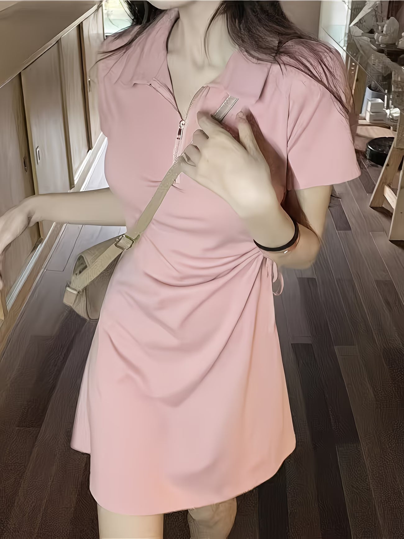 Like Summer Irregular Waist Temperament Short Skirt Drawstring Polo Collar Casual A-Line Dress