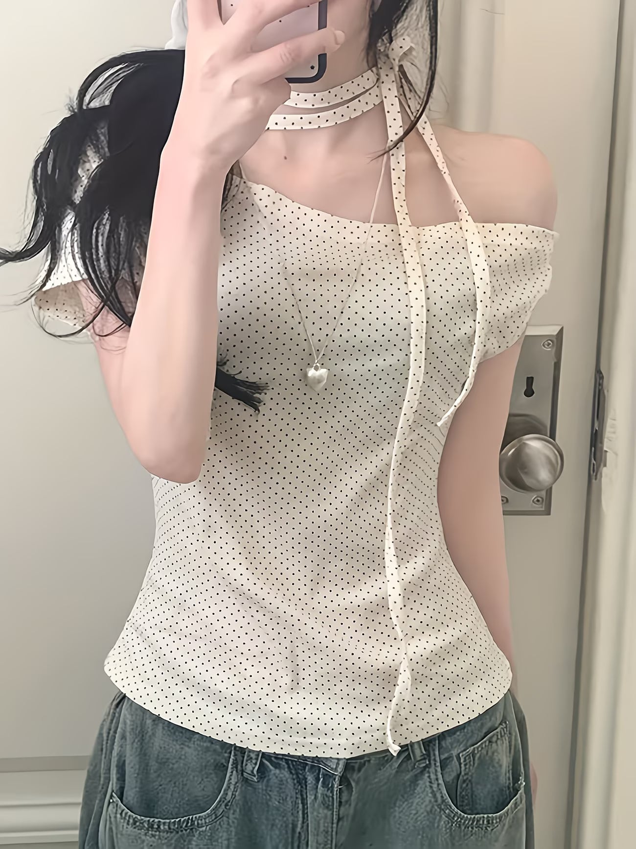 Sassygals Korean Style Pure Desire Polka Dot Strap Off-Shoulder T-Shirt Women'S Slim Fit And Hot Exposed Shoulder Top Summer