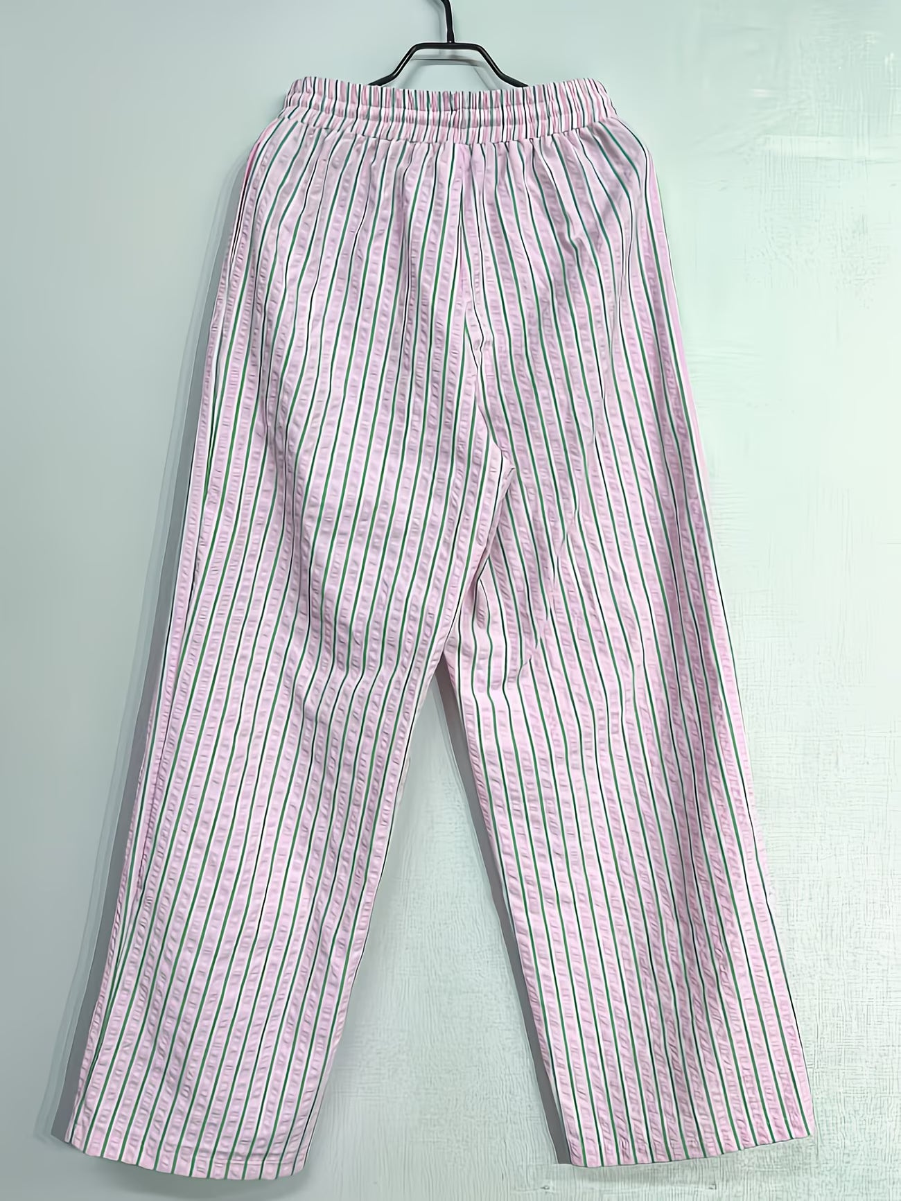 Pink And Green Striped Trousers - Casual And Relaxed Fit, Elastic Waistband, Elegant And Versatile, Machine Washable