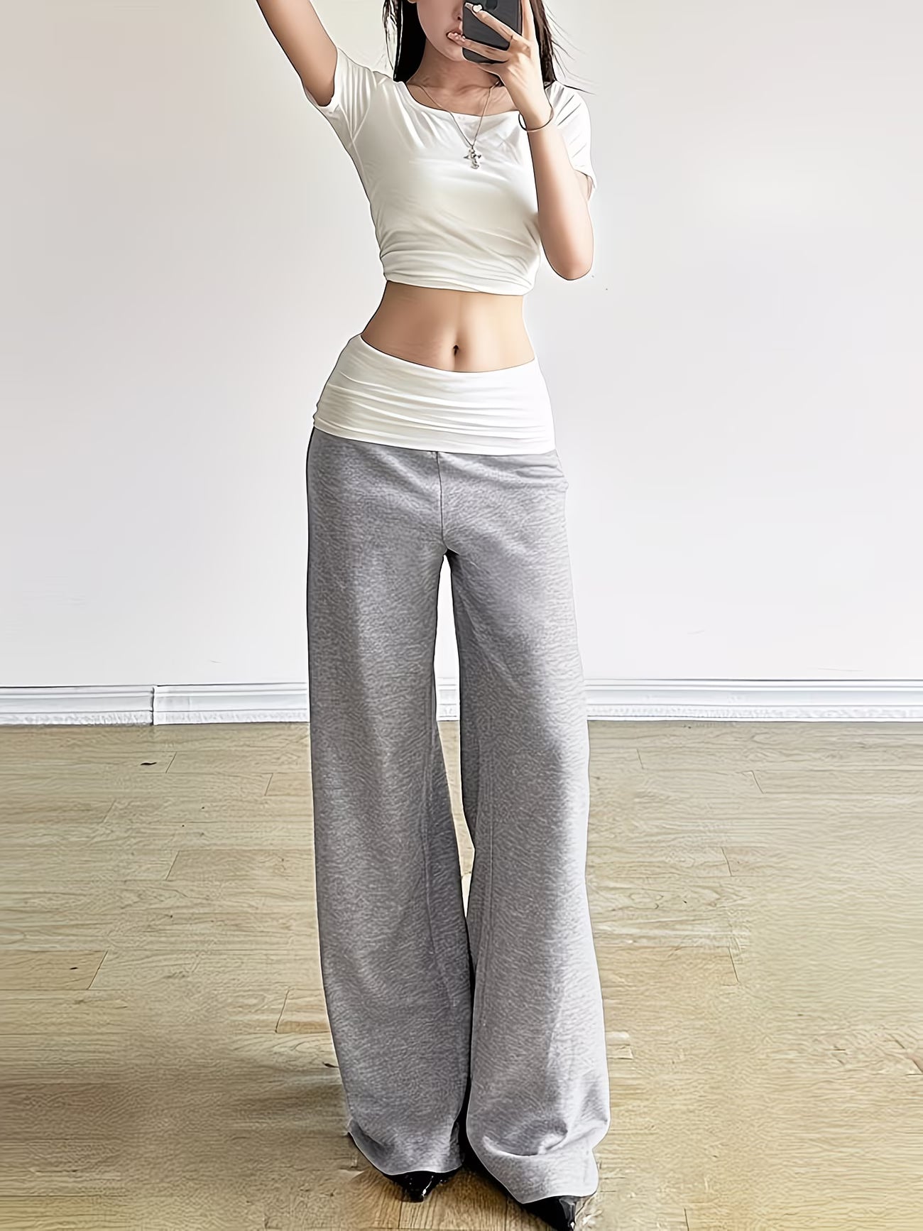 Solid Color Casual Pants, White And Gray Stitching, Fashionable Loose Women'S Trousers