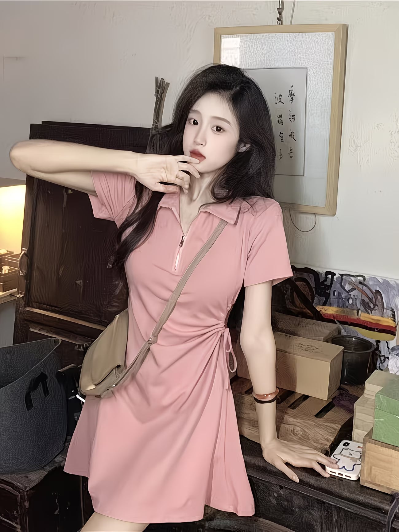 Like Summer Irregular Waist Temperament Short Skirt Drawstring Polo Collar Casual A-Line Dress