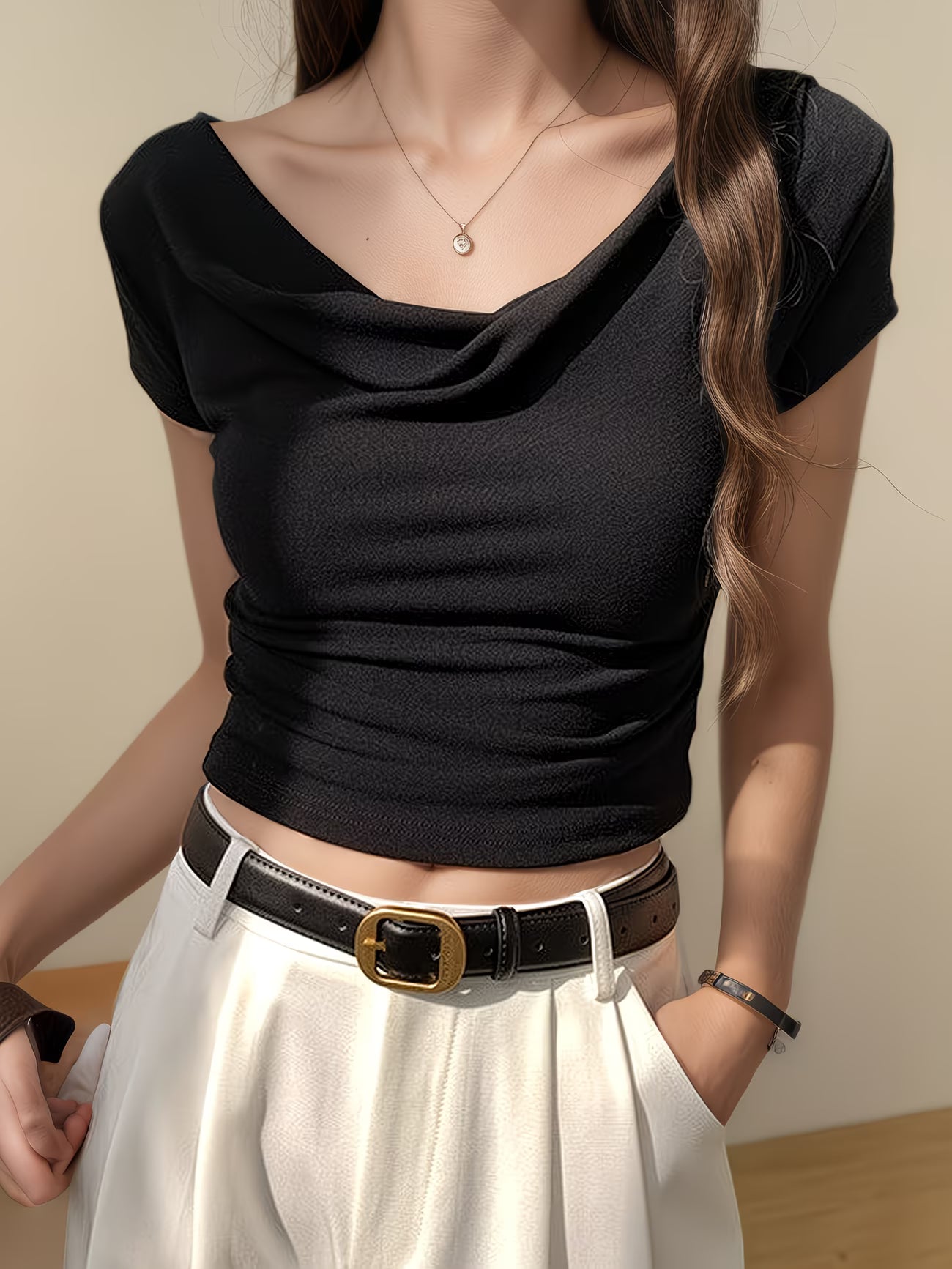 Women's Slim-Fit One-Shoulder Short-Sleeve T-Shirt Top, Stretchy Blouse with Off-Shoulder and Navel Exposure, Flexible Adjustable Design, Comfortable Base Layer, Machine Washable and Hand Washable, Simple and Fashionable, Elegant Casual Style