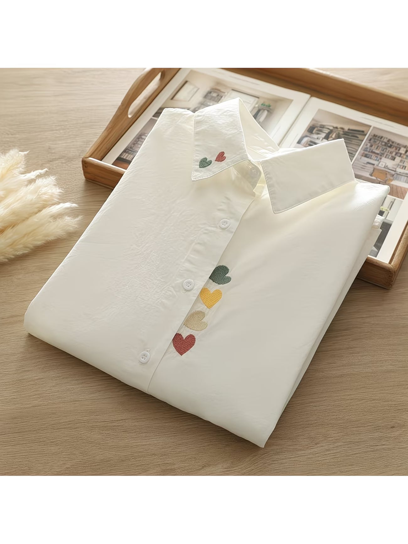 Simple White Shirt Women with Unique Design, Heart Embroidery, Long-sleeved Casual Versatile Top, Trendy
