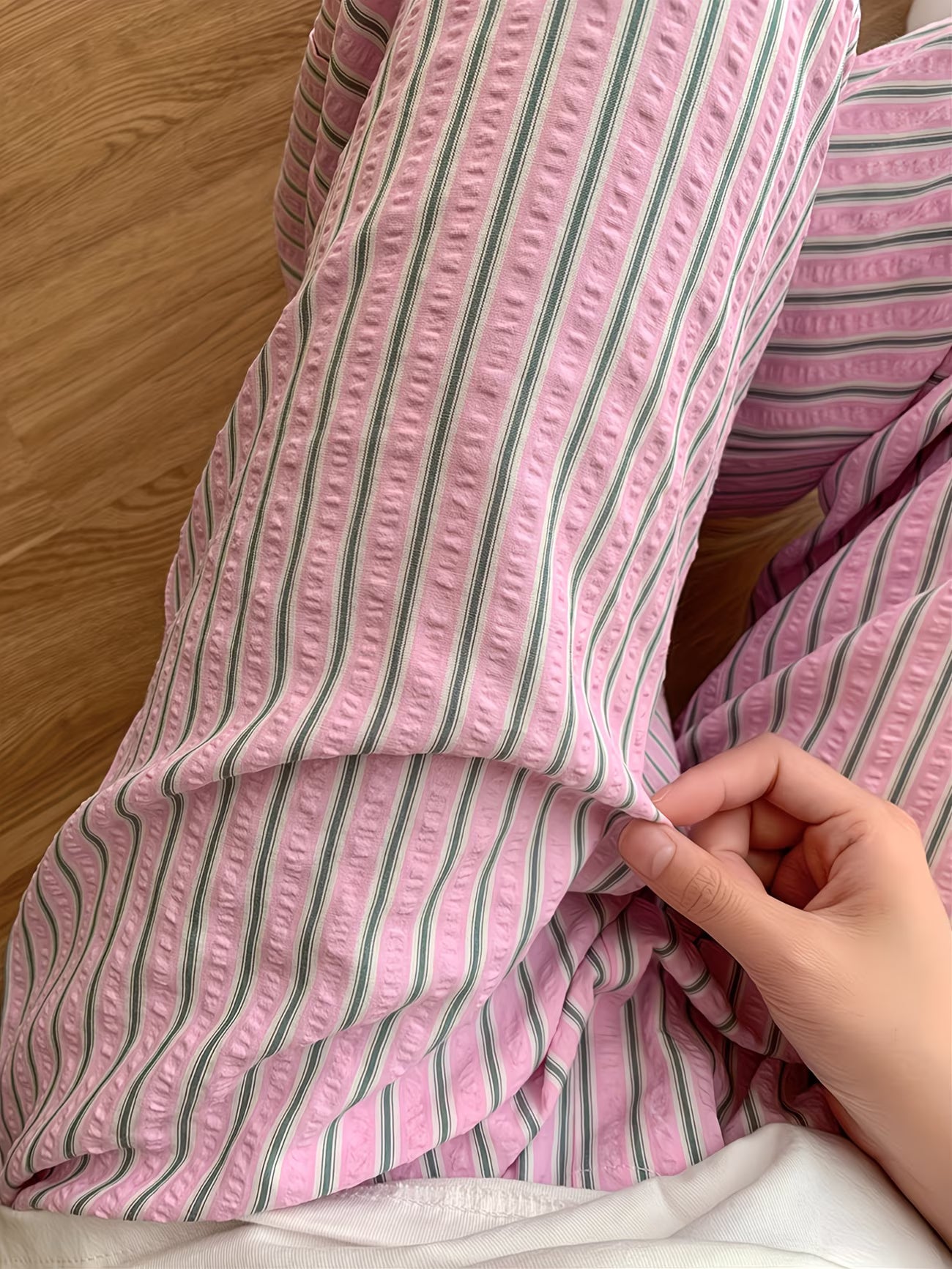 Pink And Green Striped Trousers - Casual And Relaxed Fit, Elastic Waistband, Elegant And Versatile, Machine Washable