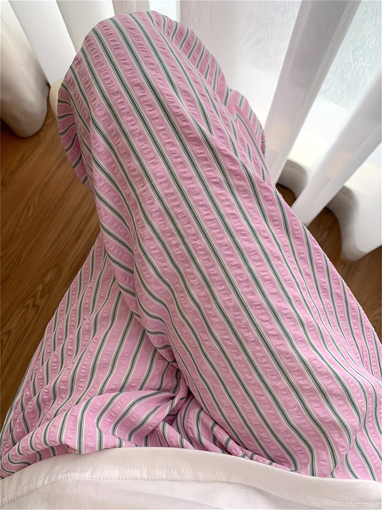 Pink And Green Striped Trousers - Casual And Relaxed Fit, Elastic Waistband, Elegant And Versatile, Machine Washable