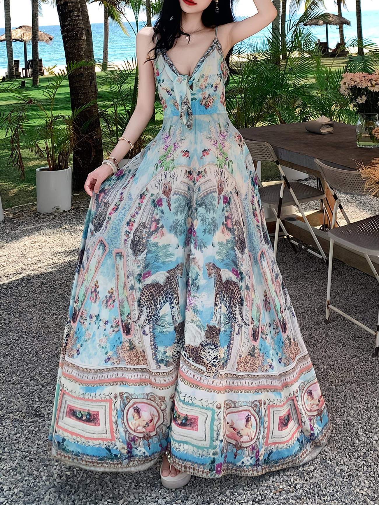 Women'S V-Neck Cami Dress, A-Line Vacation Style Women'S Dress, Placement Print Chest Hot Drill Decor Craft Beachwear Skirt
